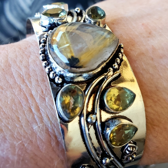 New Golden Rutile and Citrine 925 Silver Cuff Bracelet. - Picture 3 of 16